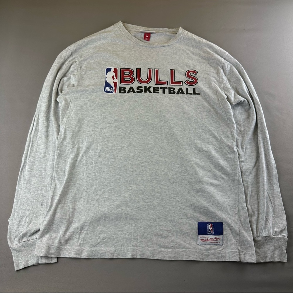 Mitchell & Ness Gray Long Sleeve Tee with Navy, Red & White Patch